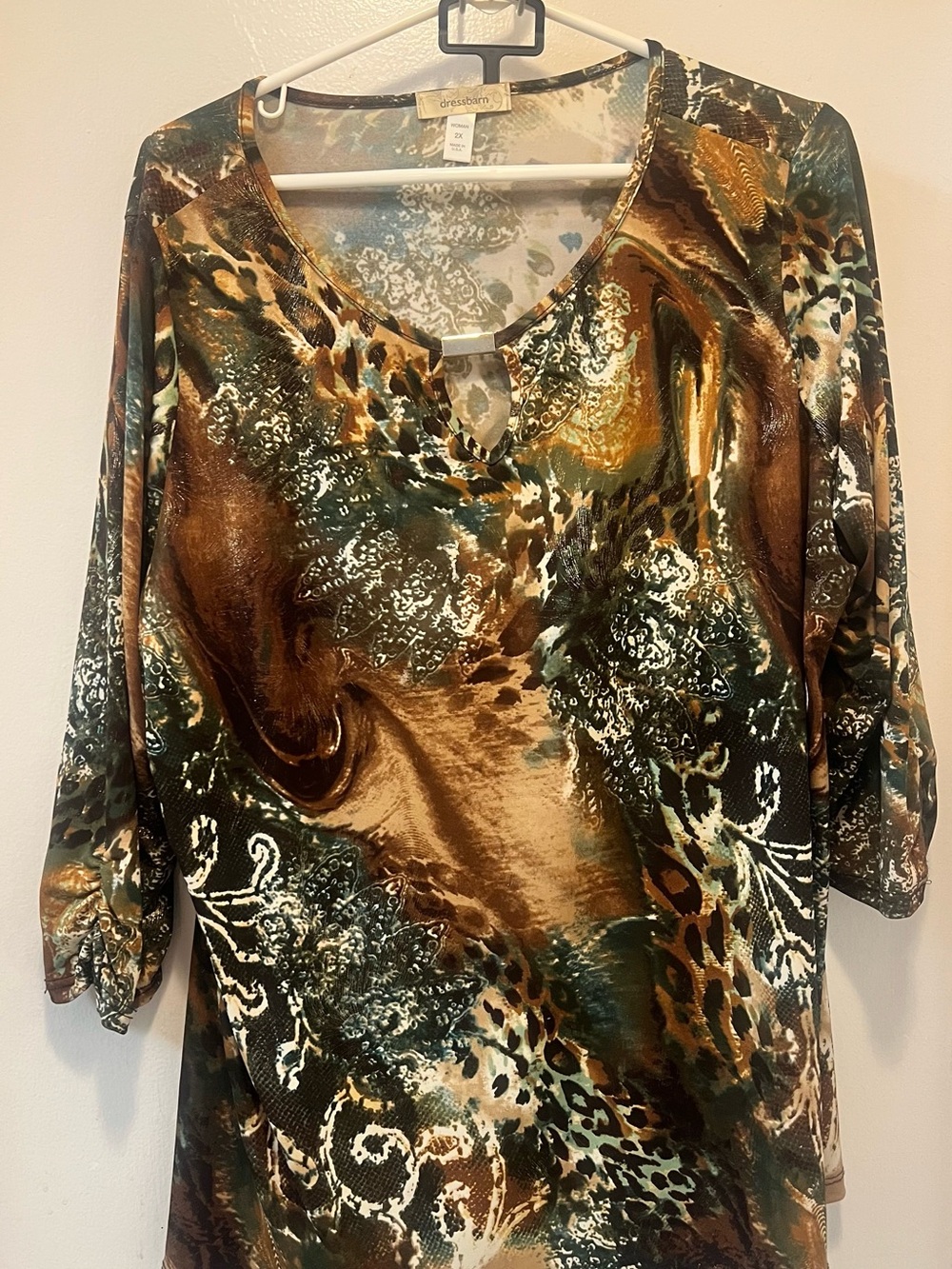 dressbarn Brown and Green V-Neck Animal Print Blouse
